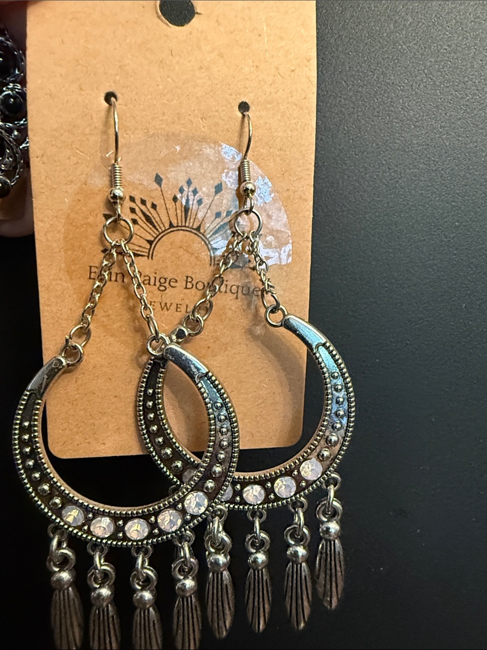 Bohemian Crescent Dangle Earrings with Crystal Accents - Silver